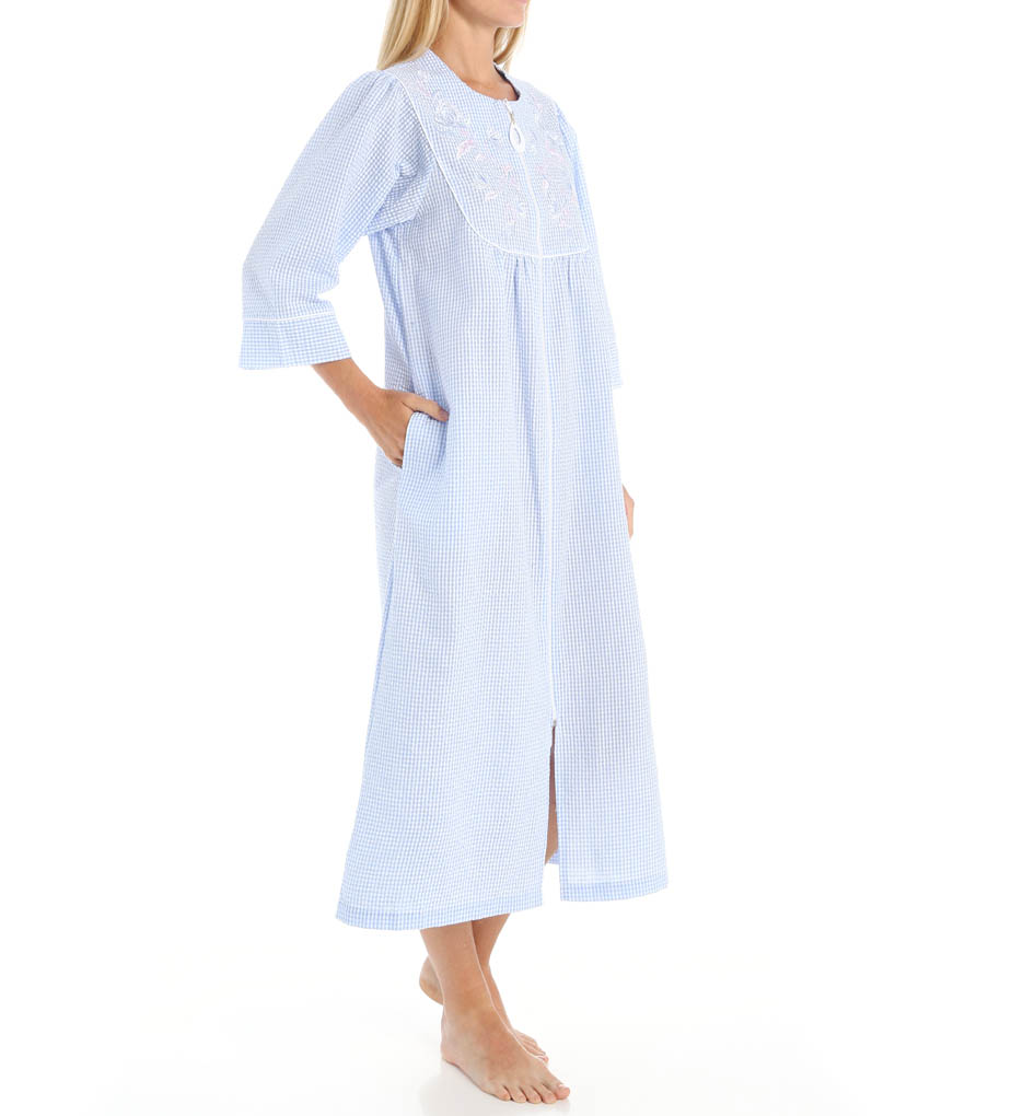 Miss Elaine Seersucker Long Zip Robe 874655 - Miss Elaine Sleepwear